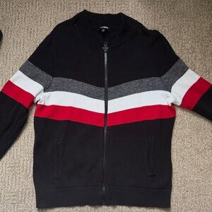 Express Men's Black Zip-Up Sweater with Red and Gray Stripes